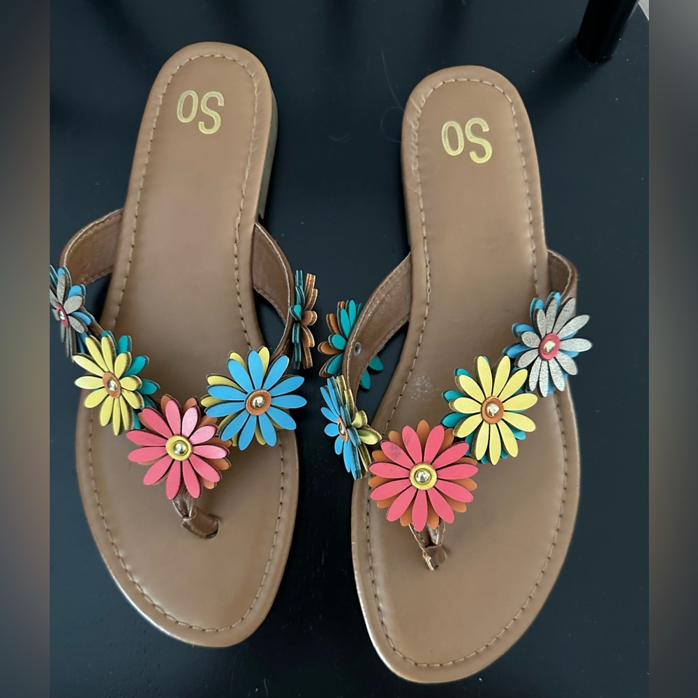 SO Brown and Multi Color Floral Sandals with Flat Sole